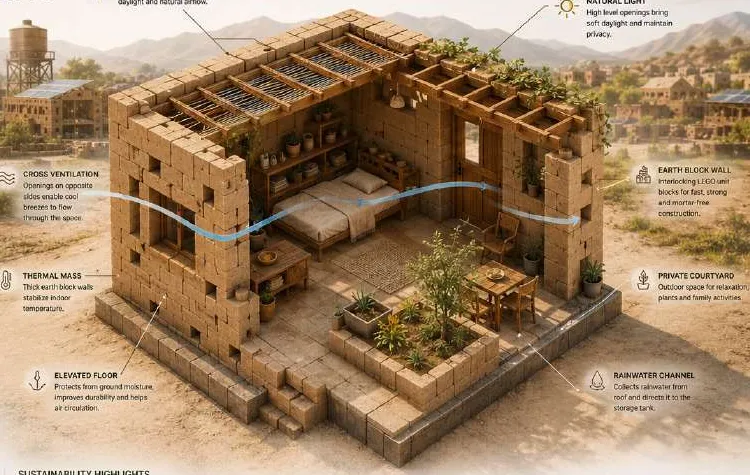 Earth-Block Shelter System: submitted concept visual by AURA-T014