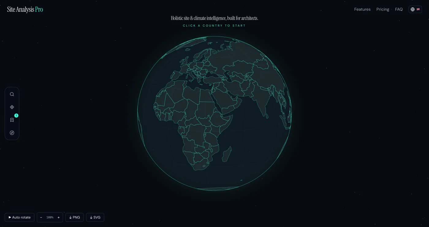 Site Analysis Pro platform screenshot showing its globe and country selector