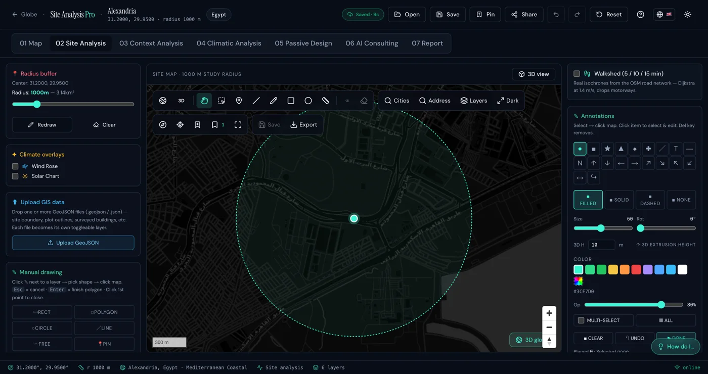 Site Analysis Pro platform screenshot showing its site analysis map, radius buffers and climate tools
